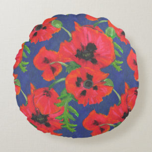 Coussins Ronds Motif de Poppies Orientales Scarlet sur Blue
