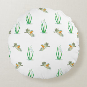 Coussins Ronds Motif de printemps Red Robin Birds et Snowdrops