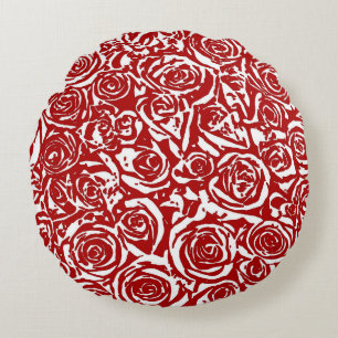 Coussins Ronds Motif de rose abstraite moderne, rouge foncé et bl