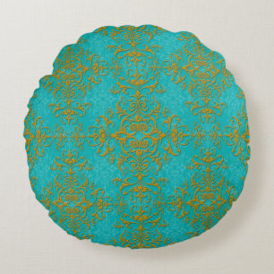Coussins Ronds Motif de style damassé floral or et turquoise
