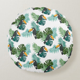 Coussins Ronds Motif de Toucan Tropical et Feuilles de Palmier