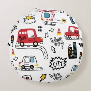 Coussins Ronds Motif de transport ludique pour enfants