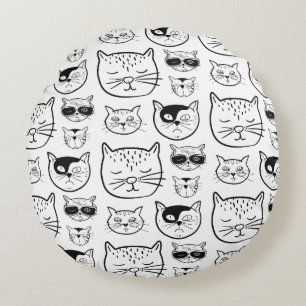 Coussins Ronds Motif de visages de chats noirs et blancs mignons