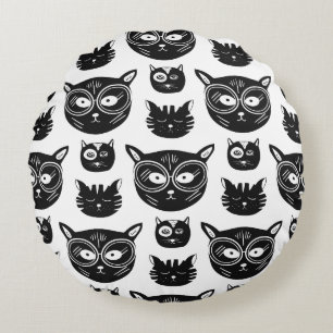 Coussins Ronds Motif de visages de chats noirs et blancs mignons