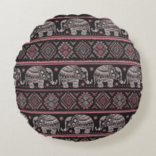 Coussins Ronds Motif d'éléphant ethnique noir