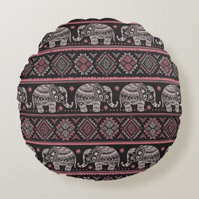 Coussins Ronds Motif d'éléphant ethnique noir (Devant)
