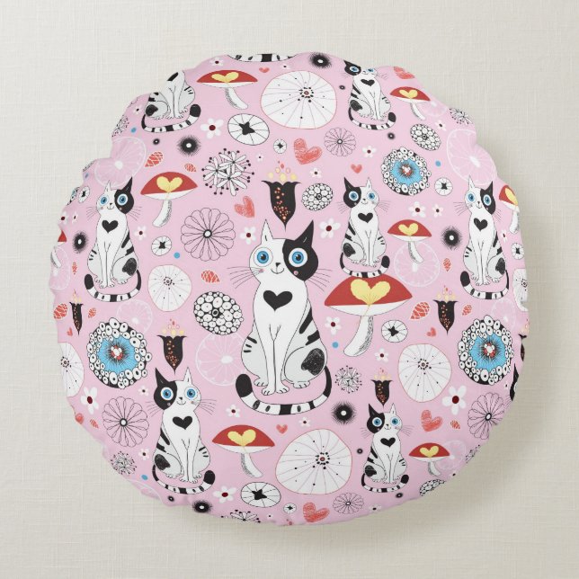 Coussins Ronds motif des chats et des fleurs (Devant)