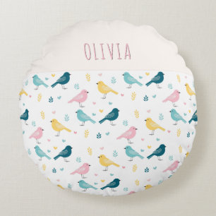 Coussins Ronds Motif d'oiseau fantaisiste personnalisé rose et sa