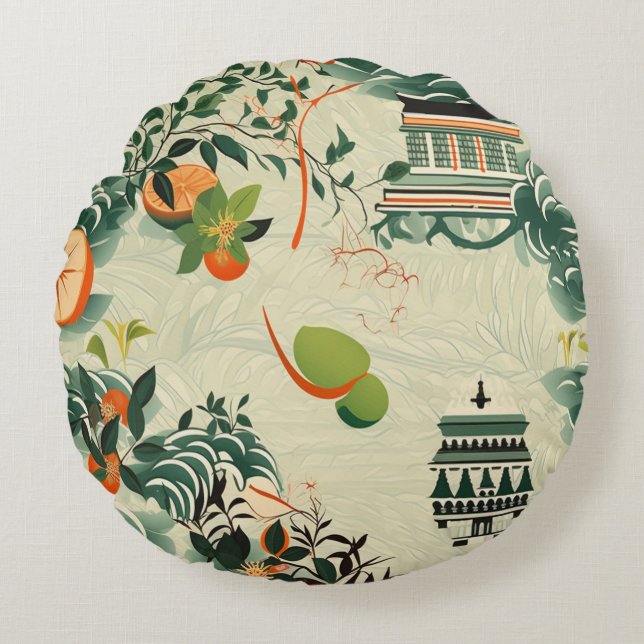 Coussins Ronds Motif d'oranges Ethereales avec temples Zen (Devant)