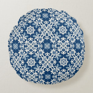 Coussins Ronds Motif d'ornement boho en blanc-bleu vintage