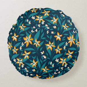 Coussins Ronds Motif élégant de fleurs jaunes sur fond de feuille