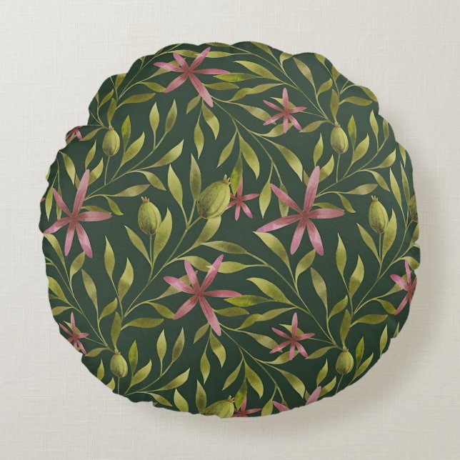 Coussins Ronds Motif élégant de fleurs roses sur fond sombre (Devant)