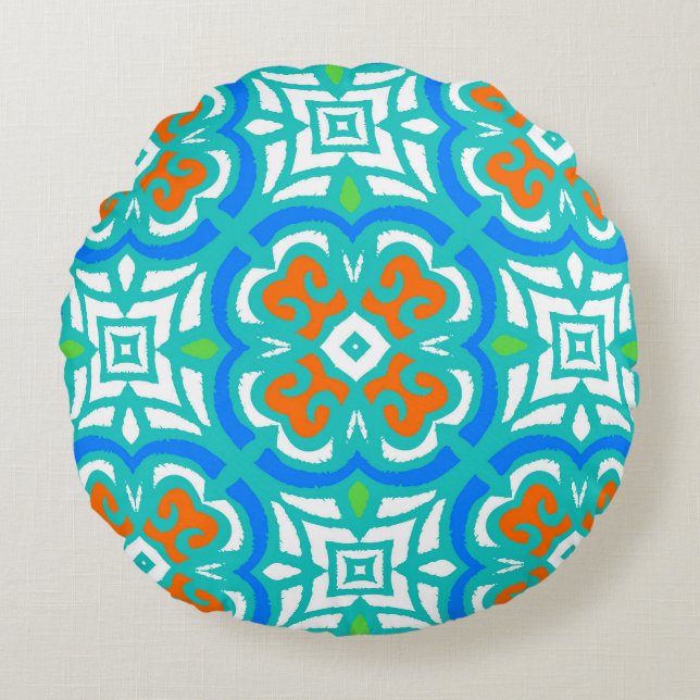 Coussins Ronds Motif ethnique turquoise (Devant)