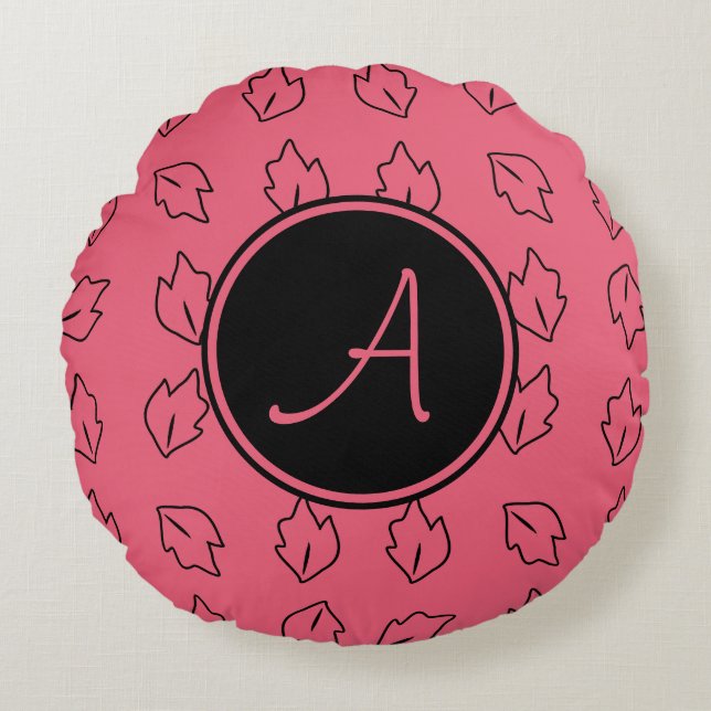 Coussins Ronds Motif feuille de monogramme rose (Devant)