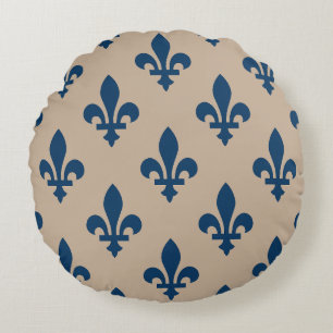 Coussins Ronds Motif Fleur de Lis, Bleu Royal Français sur Crème