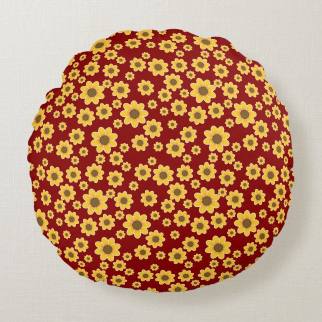 Coussins Ronds Motif Fleur Jaune sur Arrière - plan Rouge - Flora (Devant)