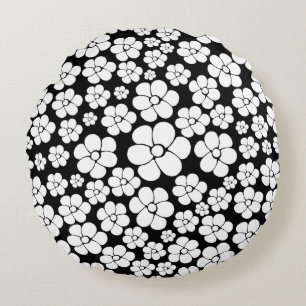 Coussins Ronds Motif Fleur rétro en blanc sur noir