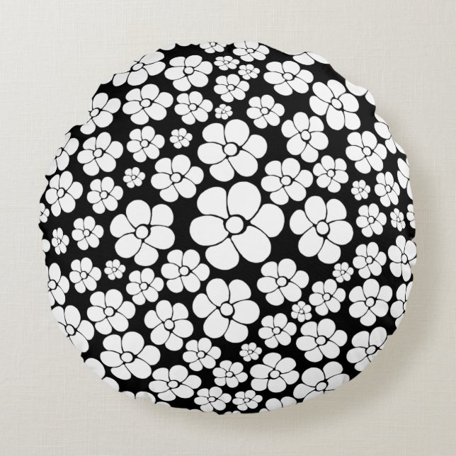 Coussins Ronds Motif Fleur rétro en blanc sur noir (Devant)
