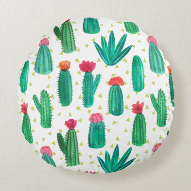 Coussins Ronds Motif fleurissant de cactus d'aquarelle mignonne (Devant)