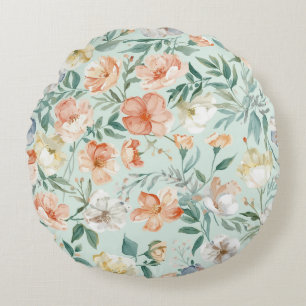 Coussins Ronds Motif floral bleu aquarelle de prairie fleurie