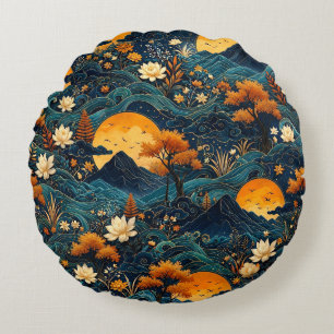 Coussins Ronds Motif floral de lotus sous le ciel nocturne de la 