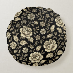 Coussins Ronds Motif floral de rose dorée vintage sur fond noir
