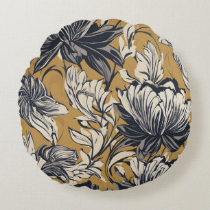 Coussins Ronds Motif floral noir et blanc élégant sur moutarde do