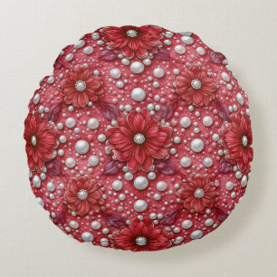 Coussins Ronds Motif floral rouge avec accents de perles