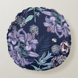 Coussins Ronds Motif floral sans soudure. Il y a Lily, Hydrangea