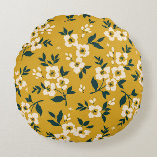Coussins Ronds motif floral vintage, petites fleurs blanches.