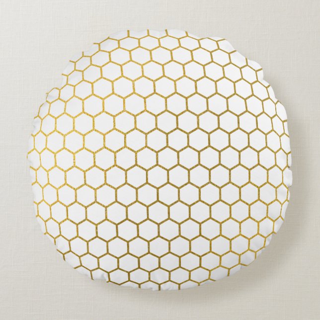 Coussins Ronds Motif géométrique Hexagon blanc et or (Devant)