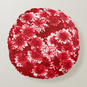 Coussins Ronds Motif graphique moderne de dahlia, rouge foncé et