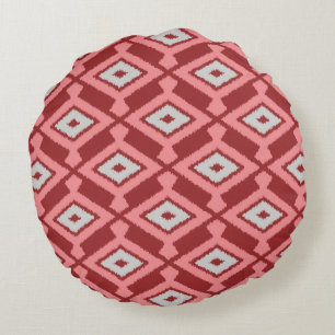 Coussins Ronds Motif Ikat - Bourgogne, Gris et Corail