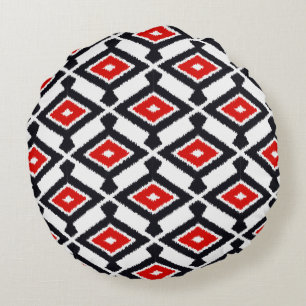 Coussins Ronds Motif Ikat - Rouge foncé, noir et blanc