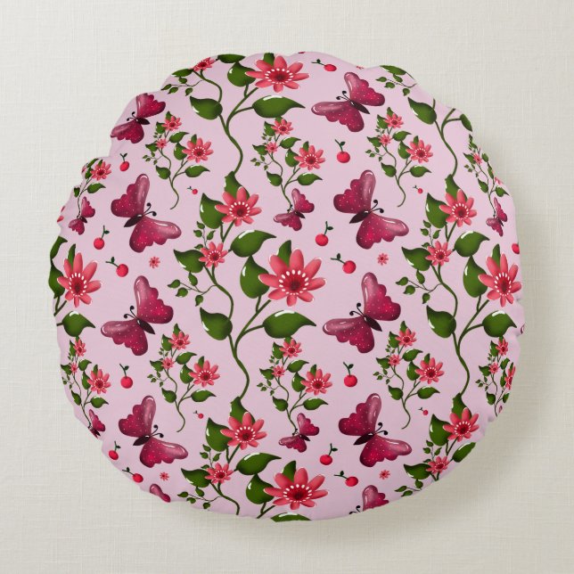 Coussins Ronds Motif joli papillon Cerise, Fruit Kawaii brillant (Devant)
