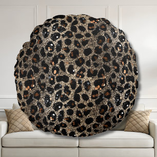 Coussins Ronds Motif Léopard Brun Noir Or Paillettes Luxe