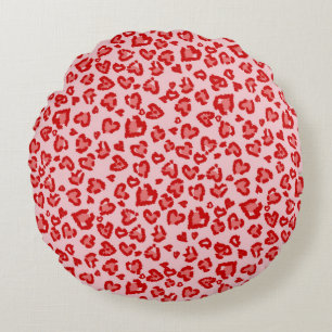 Coussins Ronds Motif Léopard de Cœurs en Rouge sur Fond Rose