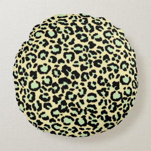 Coussins Ronds Motif léopard en vert menthe sur fond avoine
