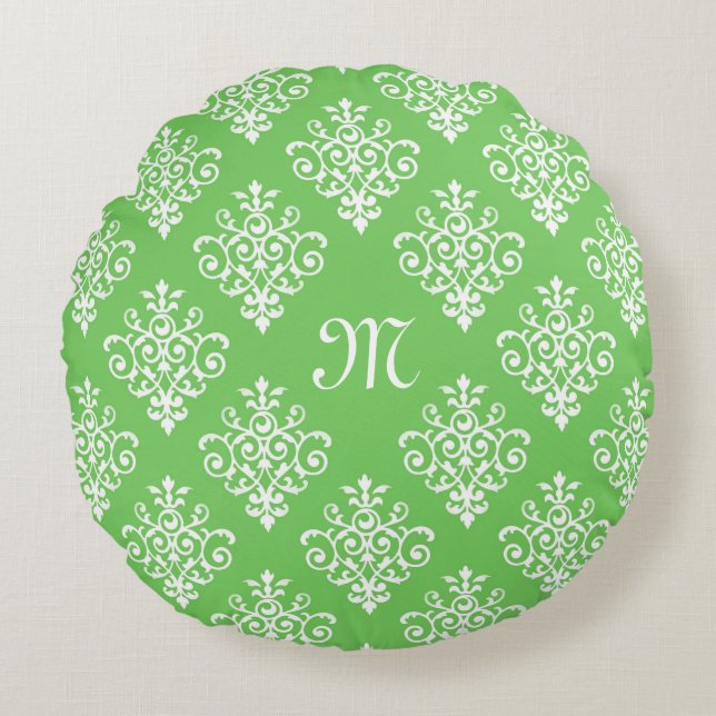 Coussins Ronds Motif moderne Monogramme vert brillant Damas (Devant)