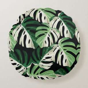 Coussins Ronds Motif noir extérieur de feuille Monstera