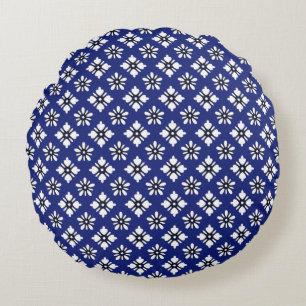 Coussins Ronds Motif Oriental Indigo White Katazome Fleurs