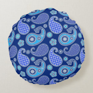 Coussins Ronds Motif Paisley, bleu cobalt et blanc