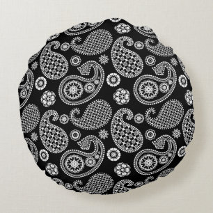 Coussins Ronds Motif Paisley, noir et blanc