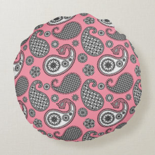 Coussins Ronds Motif Paisley, tons gris sur rose
