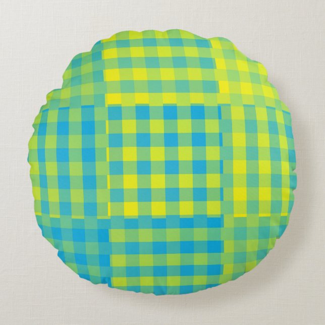 Coussins Ronds Motif Patchwork Damier Bleu Jaune (Devant)