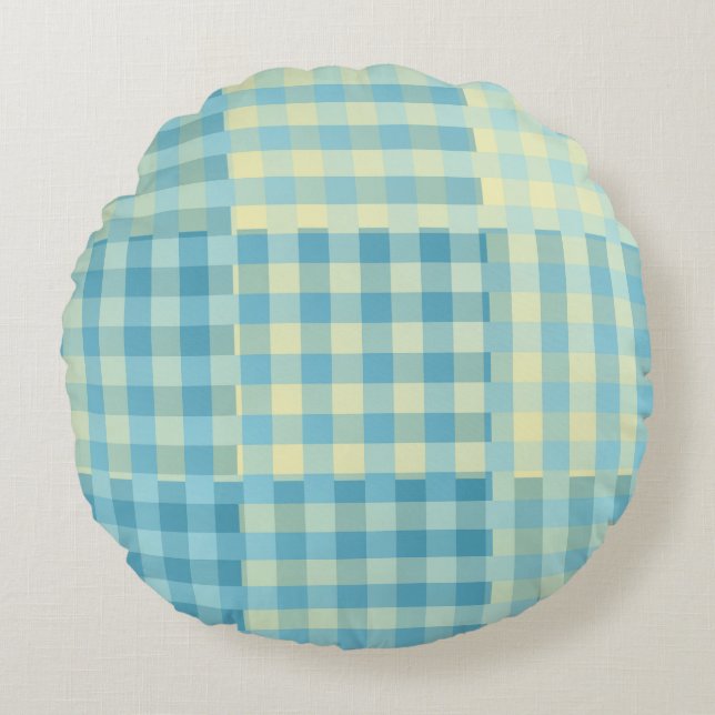 Coussins Ronds Motif Patchwork Damier Jaune Bleu (Devant)
