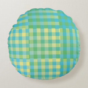 Coussins Ronds Motif Patchwork Damier Vert Bleu Jaune