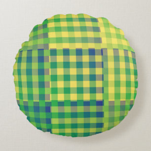 Coussins Ronds Motif Patchwork Damier Vert Bleu Jaune