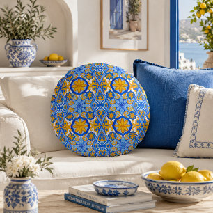 Coussins Ronds Motif Portugais Bleu Jaune Méditerranéen