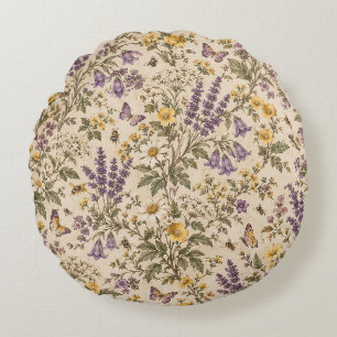 Coussins Ronds Motif Prairie de Lavande Ancienne et de Fleurs Sau
